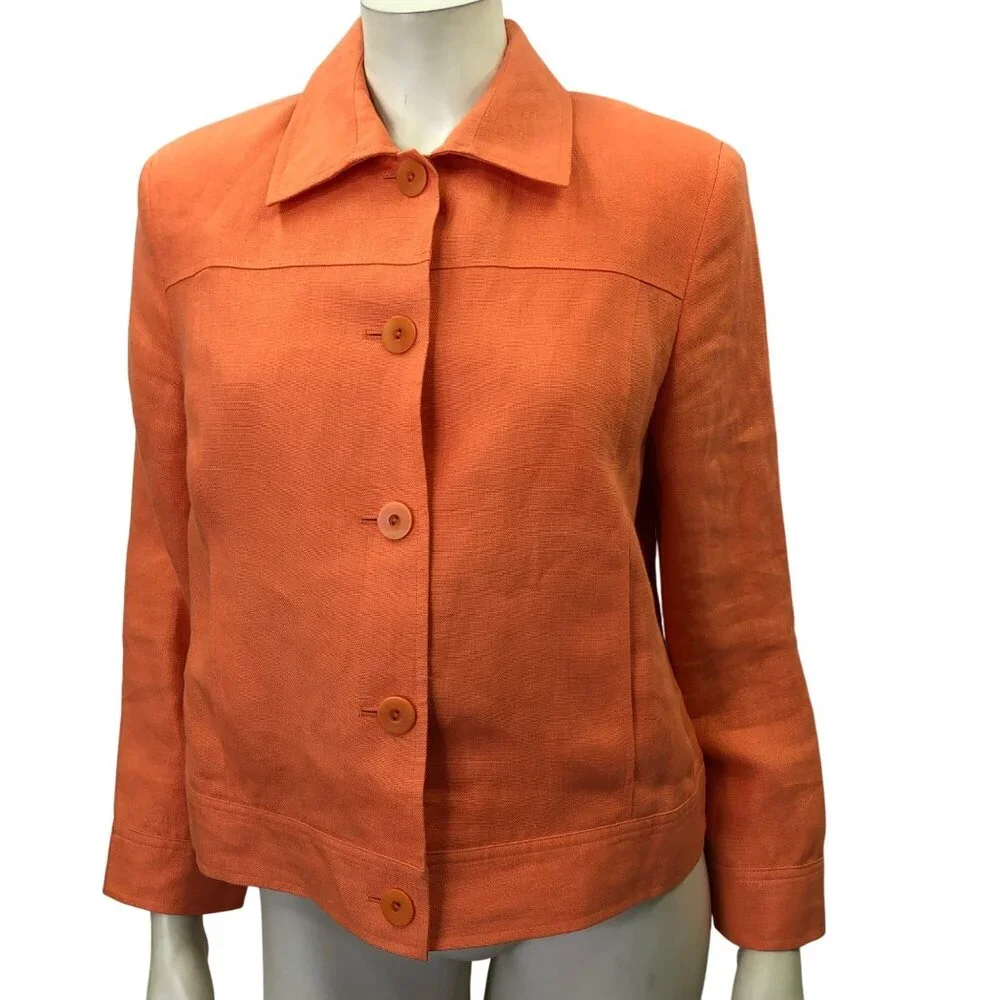 Talbots Petites Womens Orange‎ Irish Linen Button-Front Jacket Pet 10